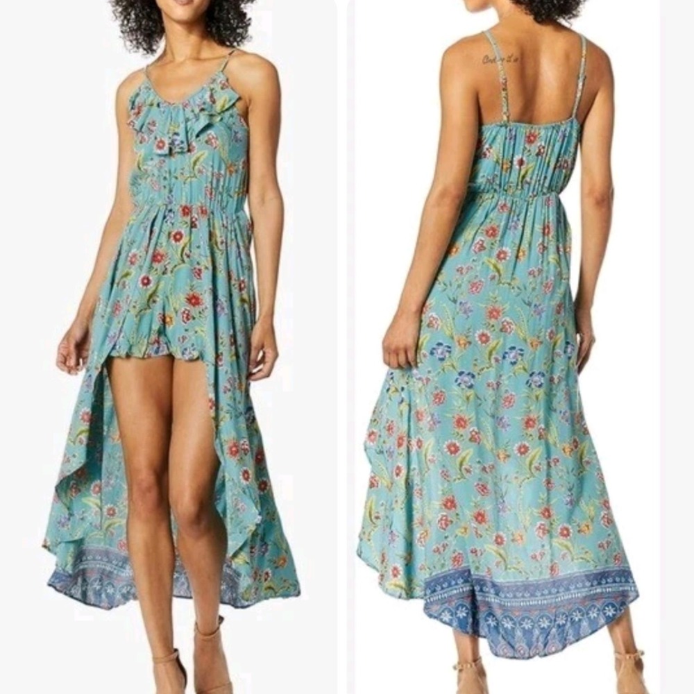 Angie Maxi Romper Dress High-Low Overlay Teal Floral Boho Summer Beach Vacation